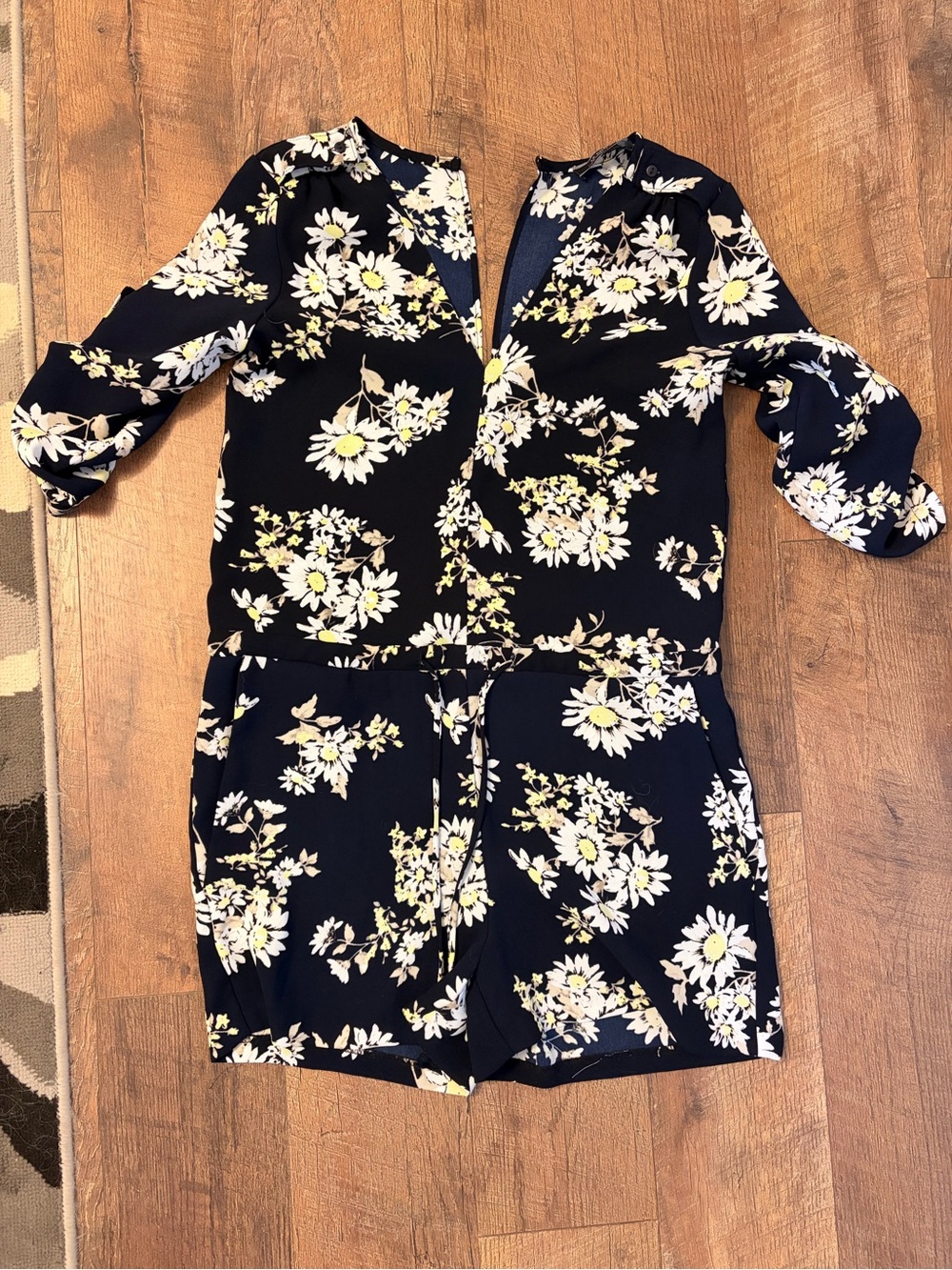 le chateau Navy Floral Romper with White and Yellow Blooms
